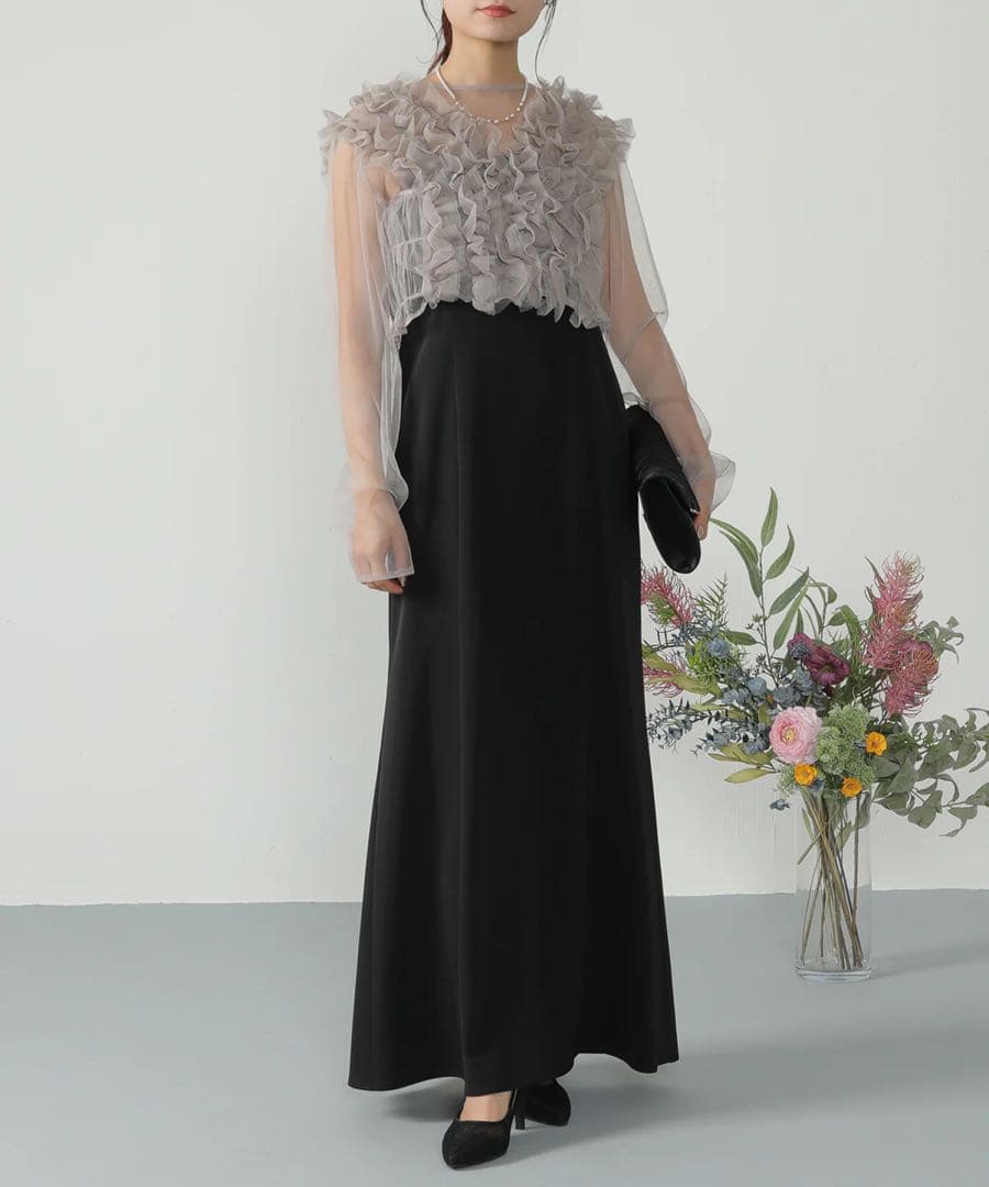 【にこ】チュール ボリューム フリル ベスト シアー トップス ワンピース