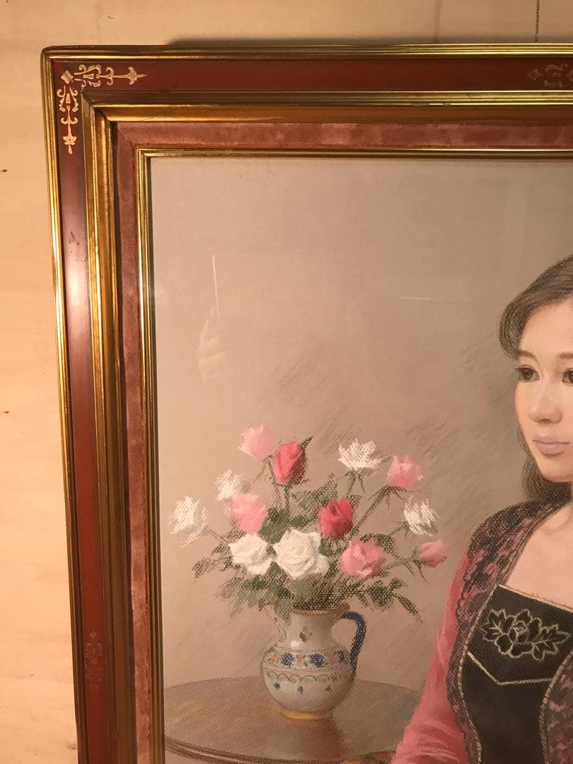 徳田宏行　「赤いドレスの女性」　パステル画２０号　直筆サイン有り