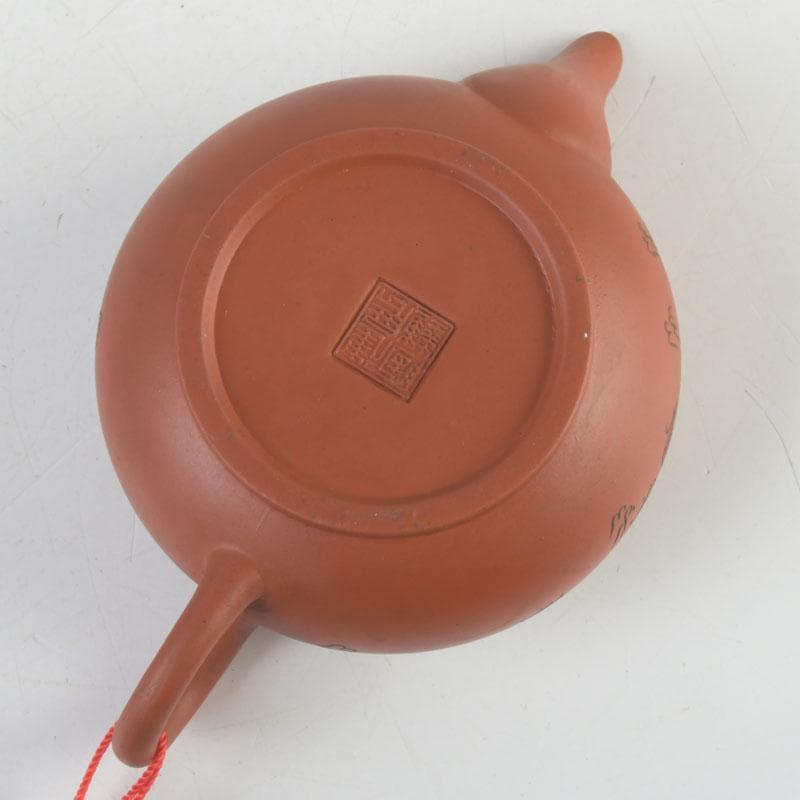 中国　紫砂　朱泥　雲龍鳳凰刻　急須　茶壷　在銘　N　9442