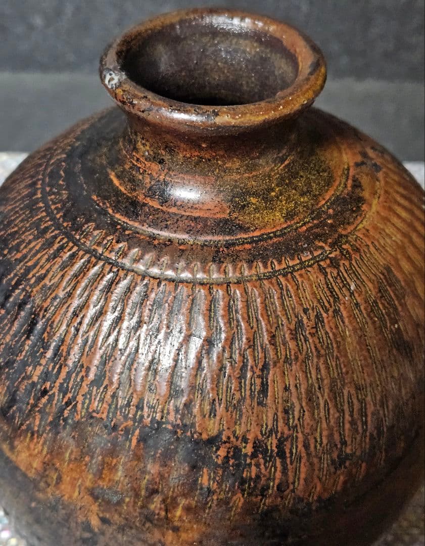 江戸時代　宮城　古上野目焼　鉋目　トビカンナ文様　徳利　壺　花入れ　大堀相馬焼