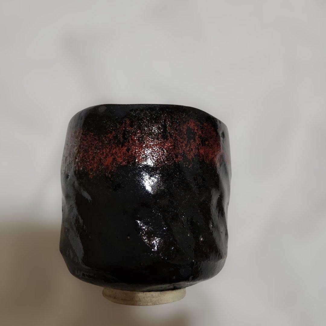 黒楽焼　筒茶碗　佐々木松楽作