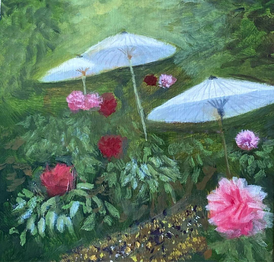 油彩画　「　ボタン園　」　原画　額付