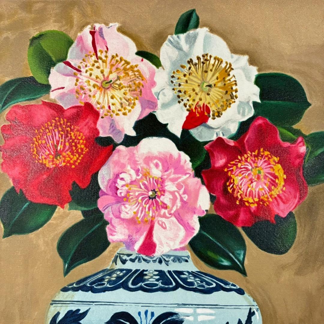 美品 田中春弥「明朝壺の椿寿華」リトグラフ 直筆サイン入り 解説書付 額縁入り