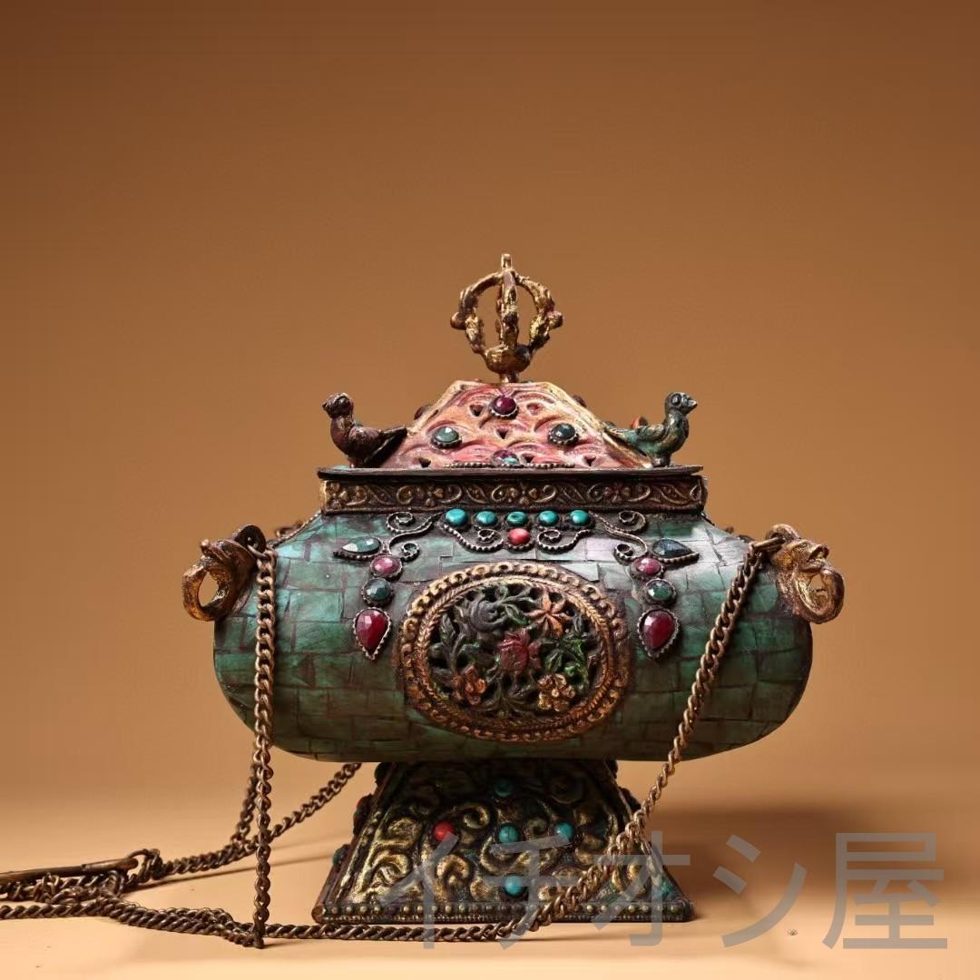 中国古美術 旧藏 西藏 仏教 銅製 吊香炉 彩绘描金 宝石嵌 藏伝工芸 古銅器