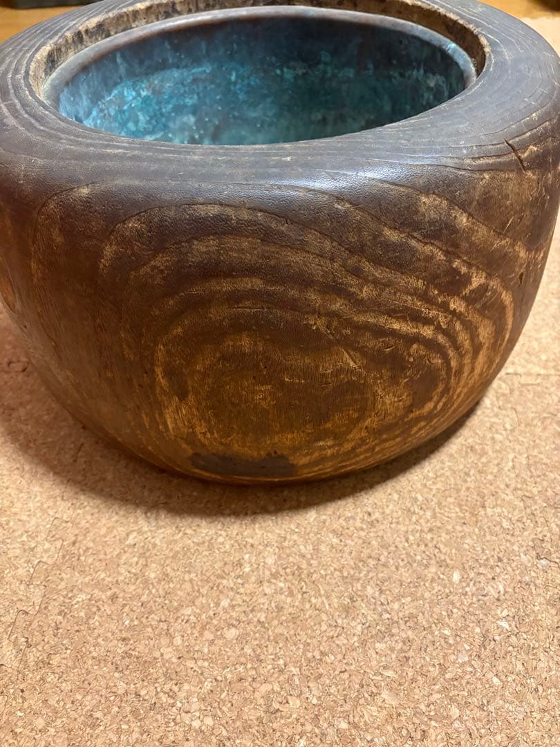 木製丸火鉢 木目桐火鉢　手炙り　銅落とし大正レトロ！