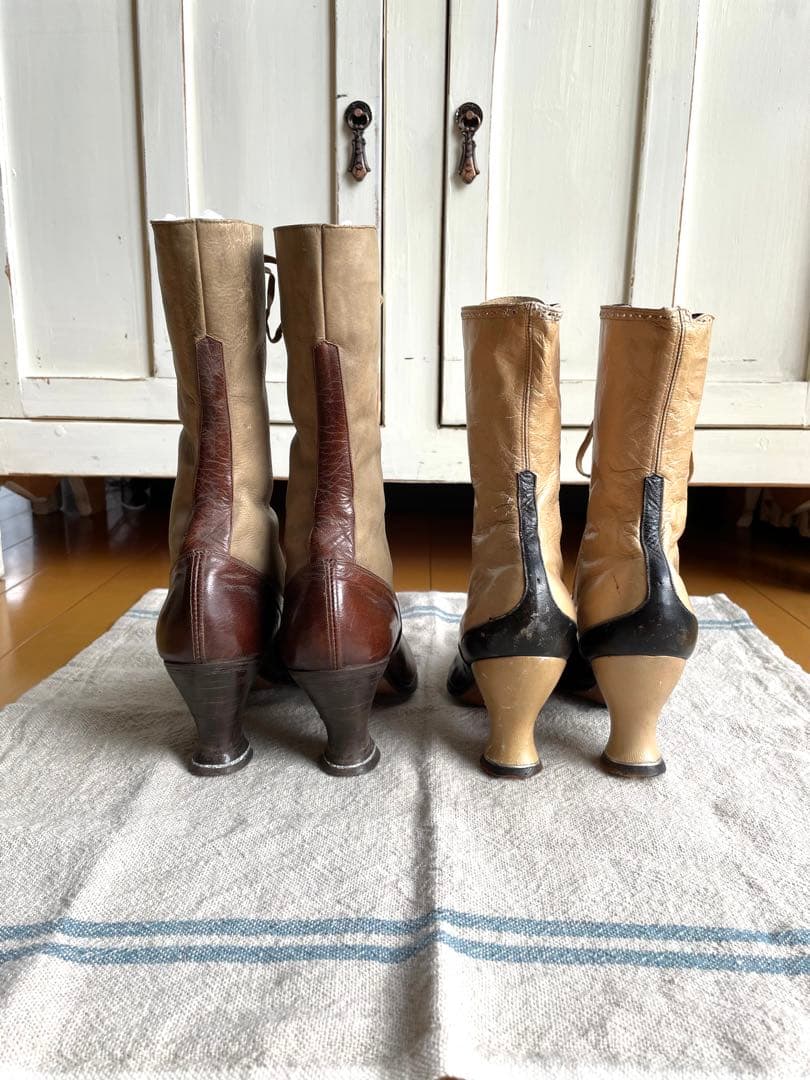 ♡アンティーク　ヴィクトリアン　フランス　レースアップブーツ　ベージュ　ブラウン