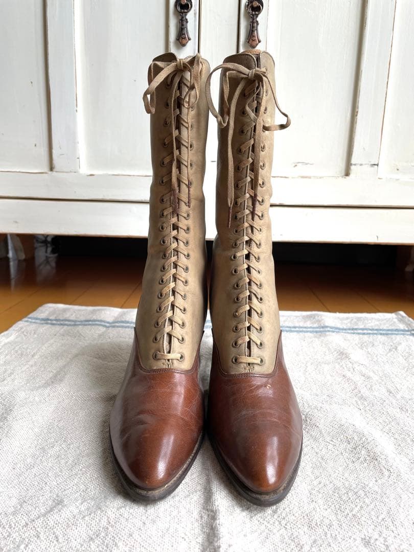 ♡アンティーク　ヴィクトリアン　フランス　レースアップブーツ　ベージュ　ブラウン