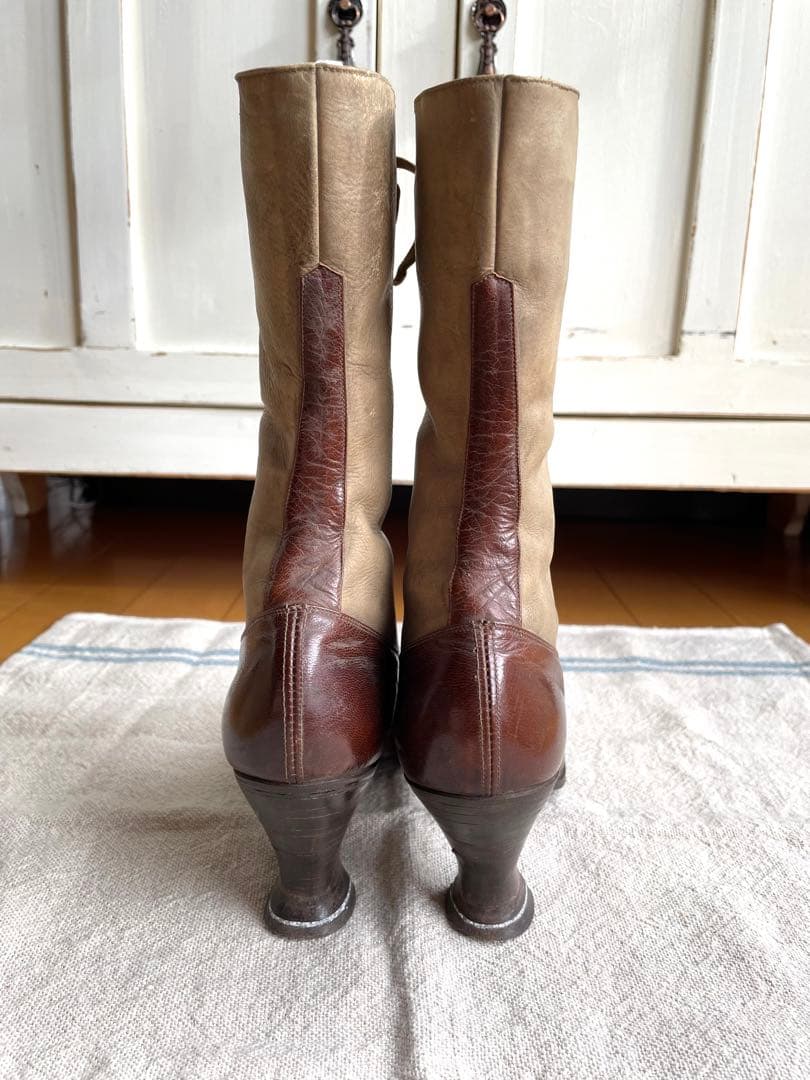 ♡アンティーク　ヴィクトリアン　フランス　レースアップブーツ　ベージュ　ブラウン