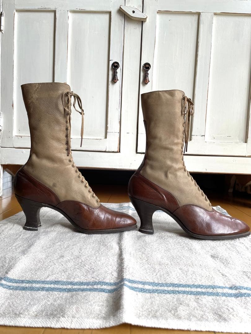 ♡アンティーク　ヴィクトリアン　フランス　レースアップブーツ　ベージュ　ブラウン