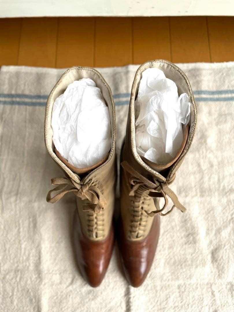 ♡アンティーク　ヴィクトリアン　フランス　レースアップブーツ　ベージュ　ブラウン