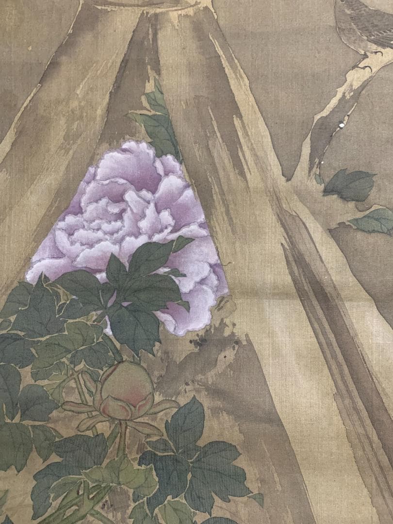 宋紫石 寒牡丹図 絹本 肉筆 掛軸 北洲極箱 長崎派 中国画 江戸中期 7636