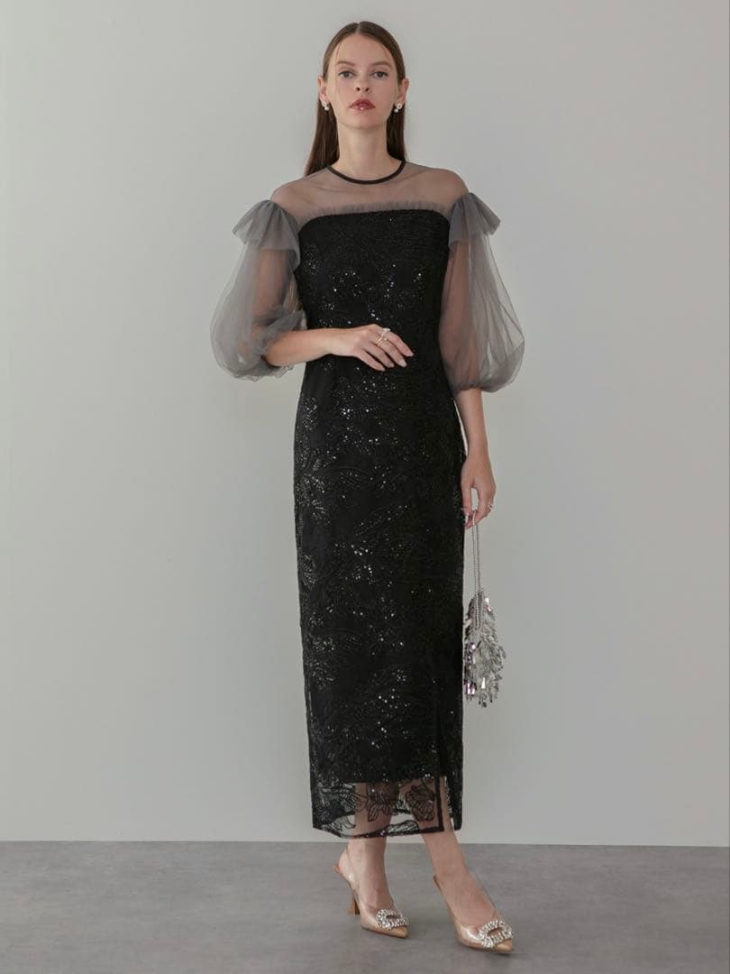 フラワースパンコールシアーフリルスリーブIラインワンピースドレス結婚式パーティー