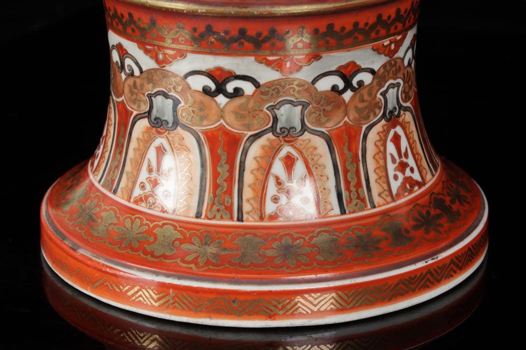 【九谷焼 大日本九谷造】金襴手赤絵金彩 龍双耳飾壺 花瓶 人物松鶴花鳥図 古美術