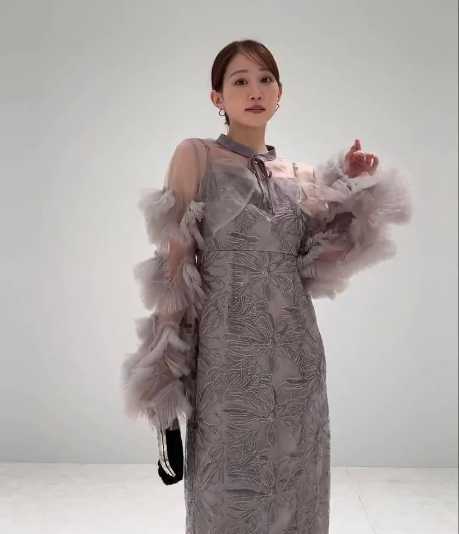 Leja フリルチュールスリーブリボンIラインワンピースドレス2点セット