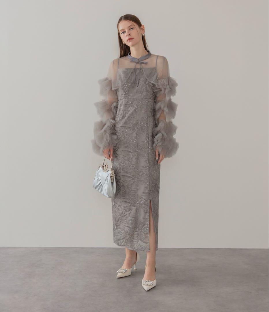 Leja フリルチュールスリーブリボンIラインワンピースドレス2点セット