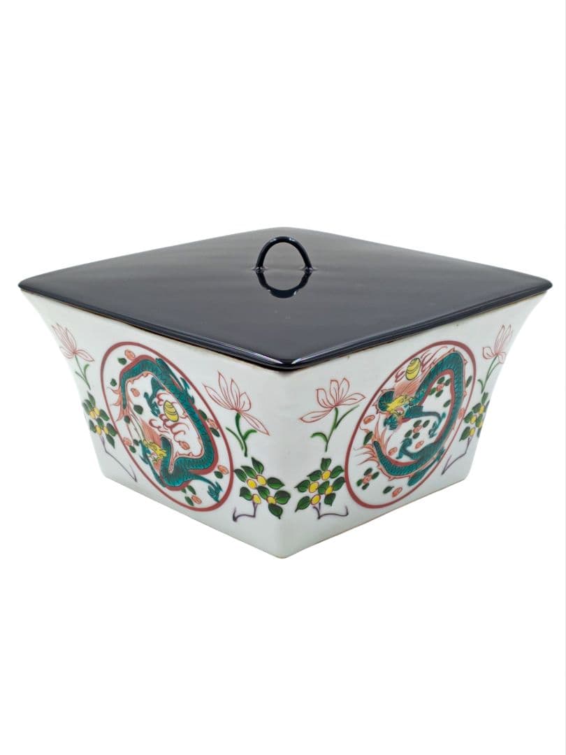 茶道具 京焼 【平安 富田静山】 『萬暦赤絵写 枡形 水指』在印 桐共箱 外箱