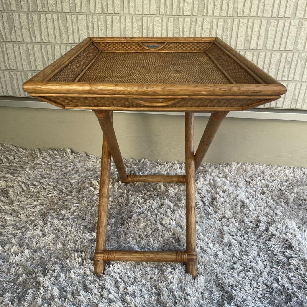 ラタン　籐　フォールディングトレイ　 サイドテーブル　お盆　 木製 アンティーク