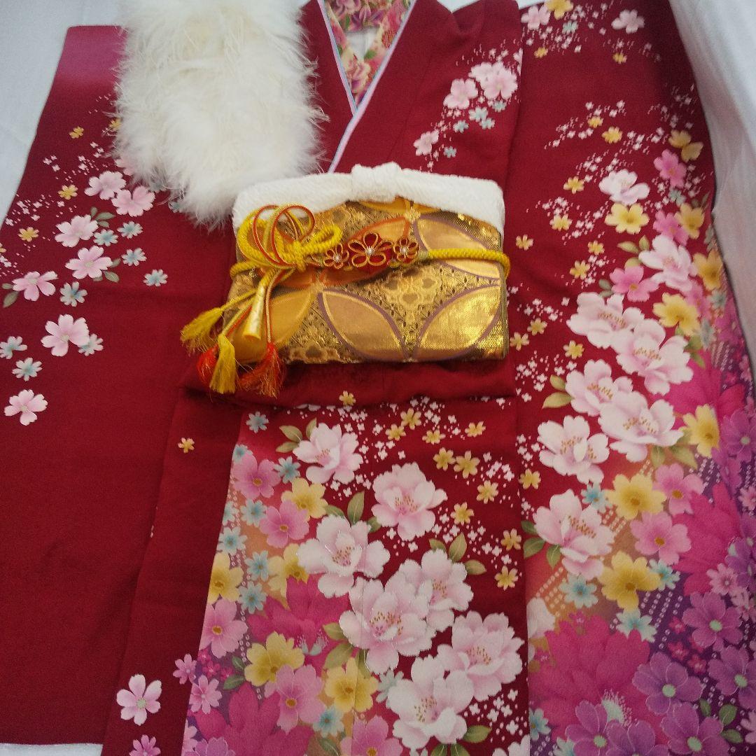 みみ 赤ピンク正絹振袖6点セット袋帯帯締め帯揚げ半襟重ね襟成人式卒業式等