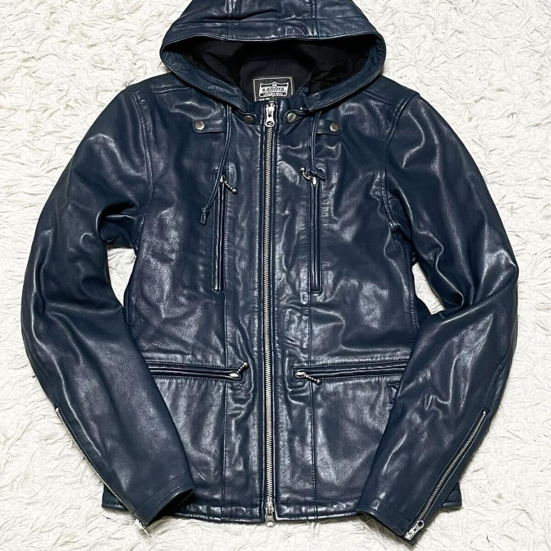 極美品●KADOYA カドヤ レザージャケット フード 山羊革 ネイビー レザー