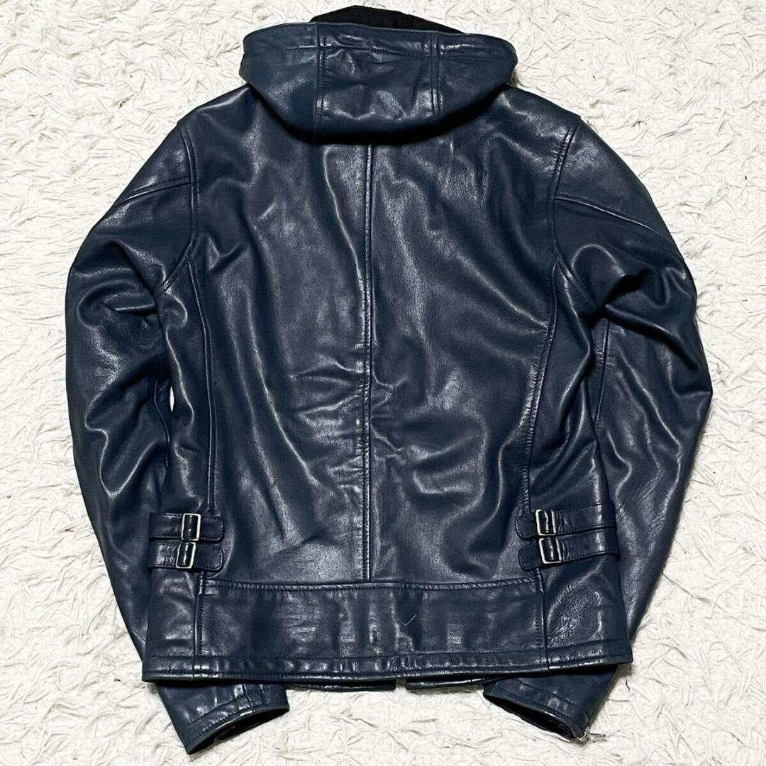 極美品●KADOYA カドヤ レザージャケット フード 山羊革 ネイビー レザー