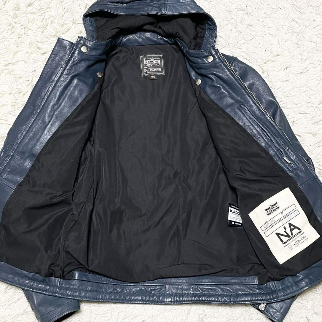 極美品●KADOYA カドヤ レザージャケット フード 山羊革 ネイビー レザー