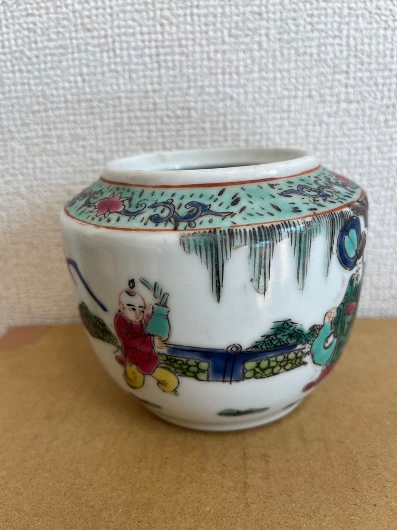 中国美術 粉引 色絵　六角 筆筒 童子圖 茶盞 大清同治年製 3点