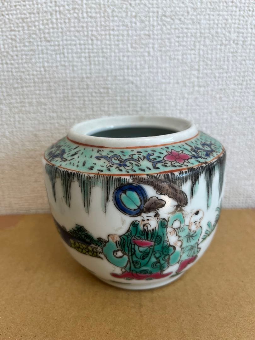 中国美術 粉引 色絵　六角 筆筒 童子圖 茶盞 大清同治年製 3点