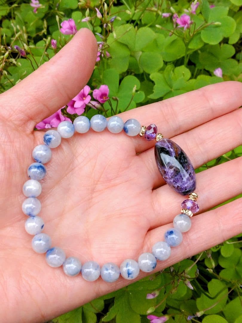 チャロアイト天珠❇天珠ブレスレット⭐龍神λ天然水晶⭐手彫り⭐諏訪大社