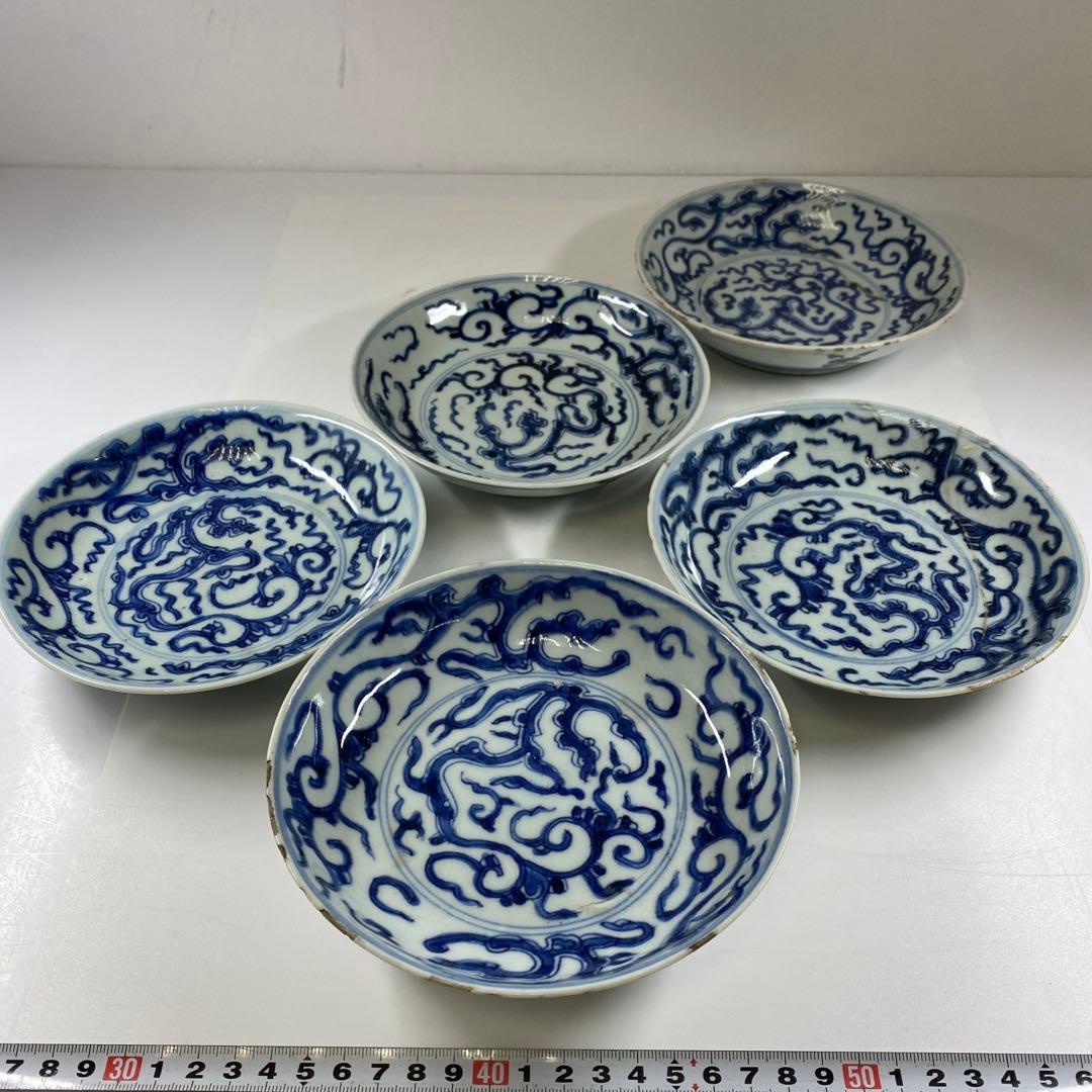 中国清時代　新渡青花龍図中皿　木箱付　直径約16㎝　東Y7-0326☆2F