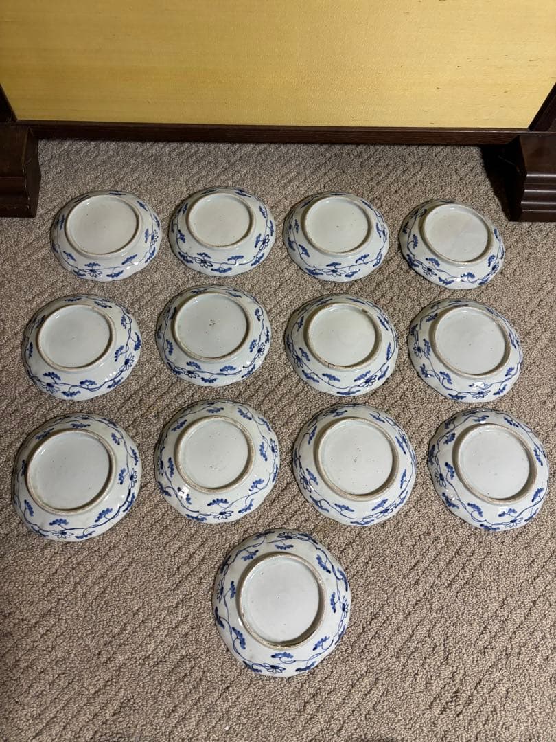 古伊万里染付芙蓉手膾皿 江戸時代 藍色 意匠 陶器 13枚 時代物 希少品