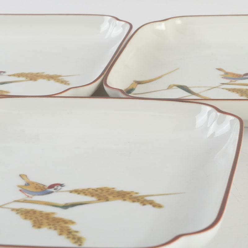 和食器　九谷焼　竹村正一作　色絵　稲穂に雀図　皿揃　五客　共箱　V　9457