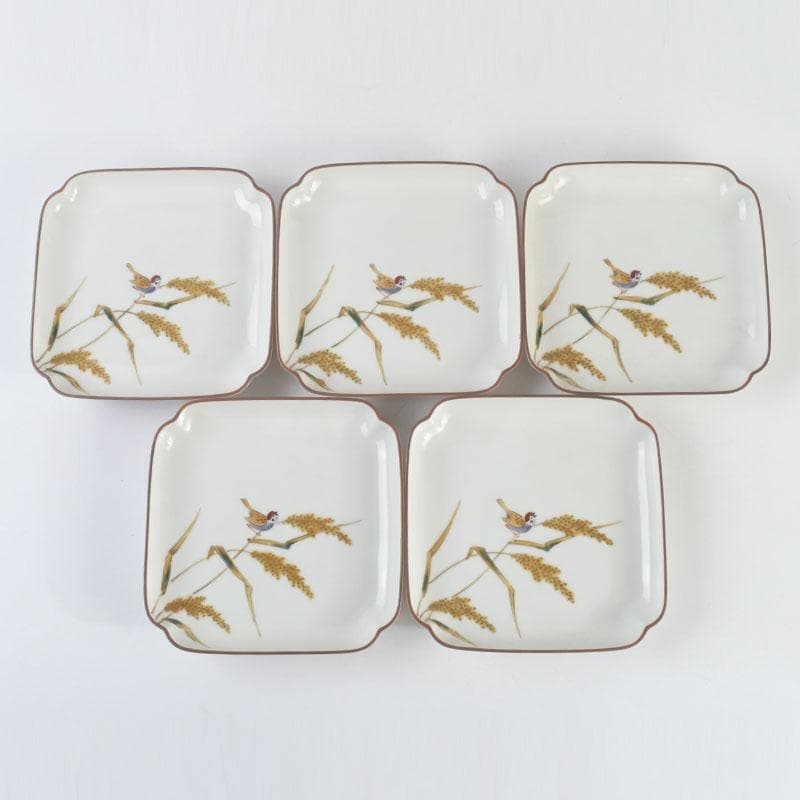 和食器　九谷焼　竹村正一作　色絵　稲穂に雀図　皿揃　五客　共箱　V　9457