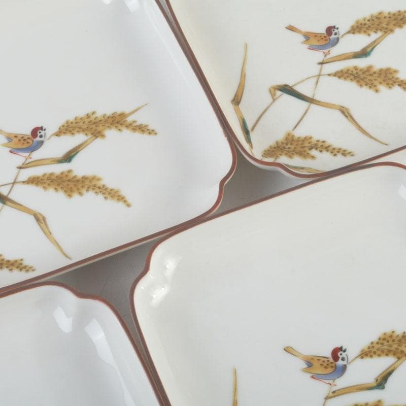 和食器　九谷焼　竹村正一作　色絵　稲穂に雀図　皿揃　五客　共箱　V　9457