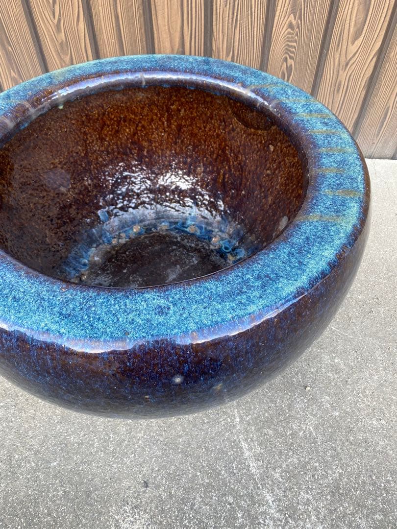 火鉢　陶器　海鼠釉　アンティーク　骨董　金魚鉢　特大　睡蓮鉢　メダカ　鉢カバー