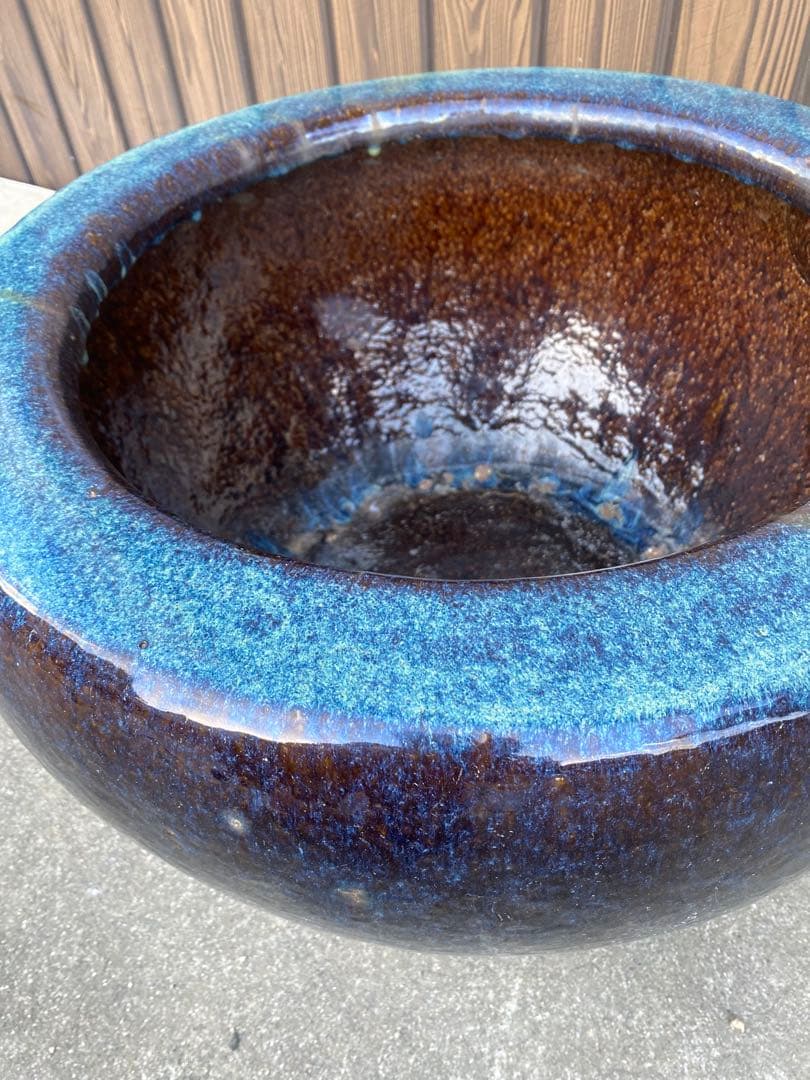 火鉢　陶器　海鼠釉　アンティーク　骨董　金魚鉢　特大　睡蓮鉢　メダカ　鉢カバー