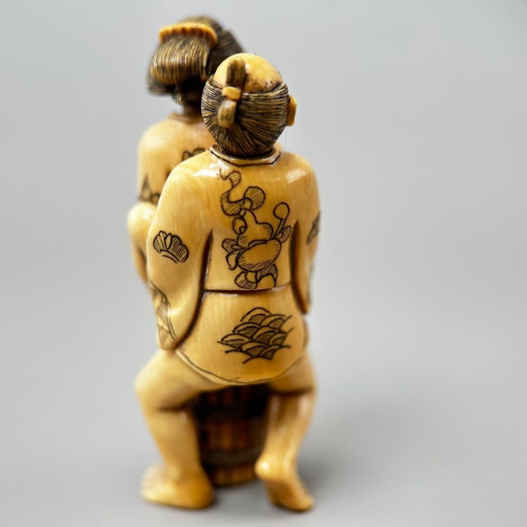 浮世絵二人の人物像 彫刻極上根付天然素材アンティーク骨董飾り物古美術置物細密細工