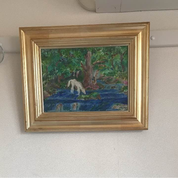 表題孤独感油絵水辺の白馬額外側サイズ50cm×39cmアート