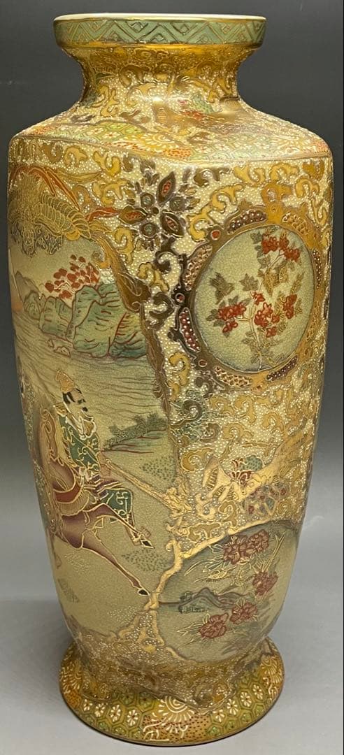 薩摩焼　色絵　金蘭手　武士美人図　花瓶　壺　飾壷　36cm v49