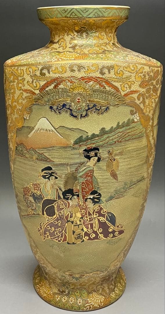 薩摩焼　色絵　金蘭手　武士美人図　花瓶　壺　飾壷　36cm v49