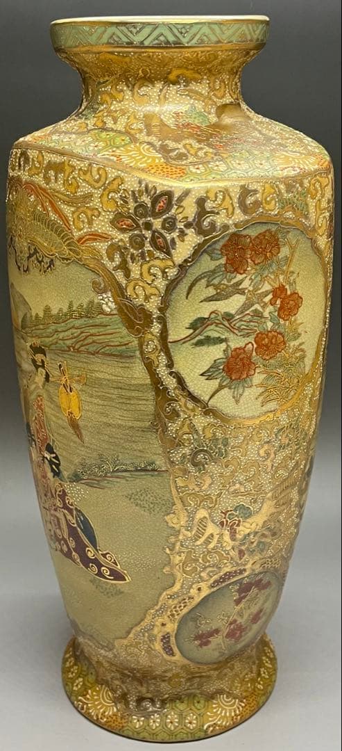 薩摩焼　色絵　金蘭手　武士美人図　花瓶　壺　飾壷　36cm v49