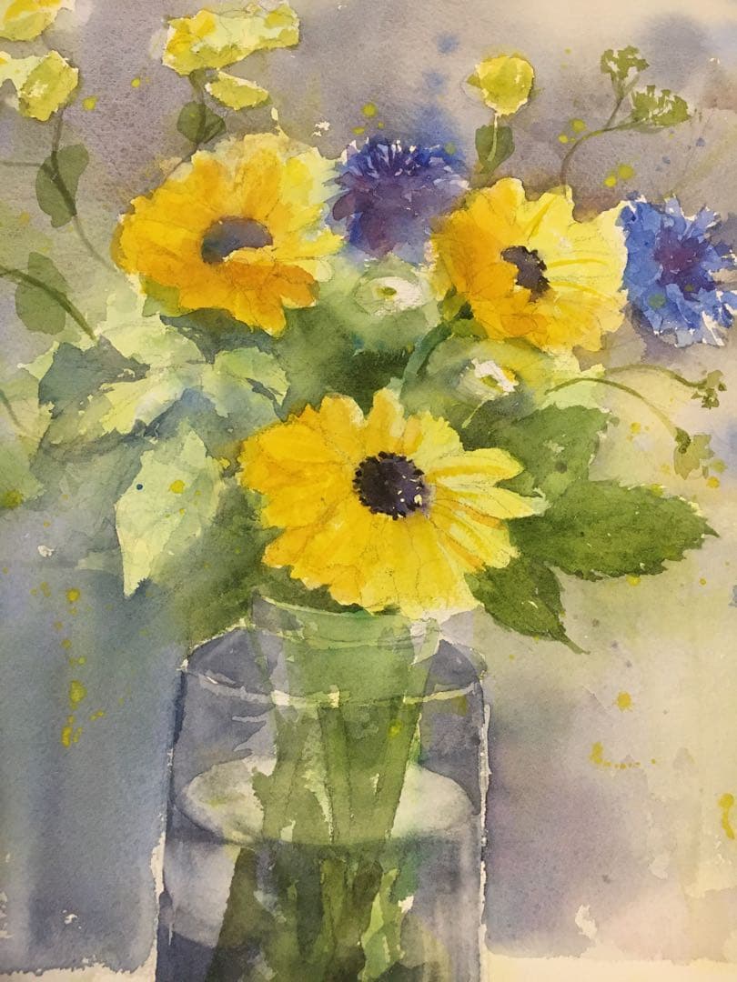 透明水彩画原画夏の花束ひまわり