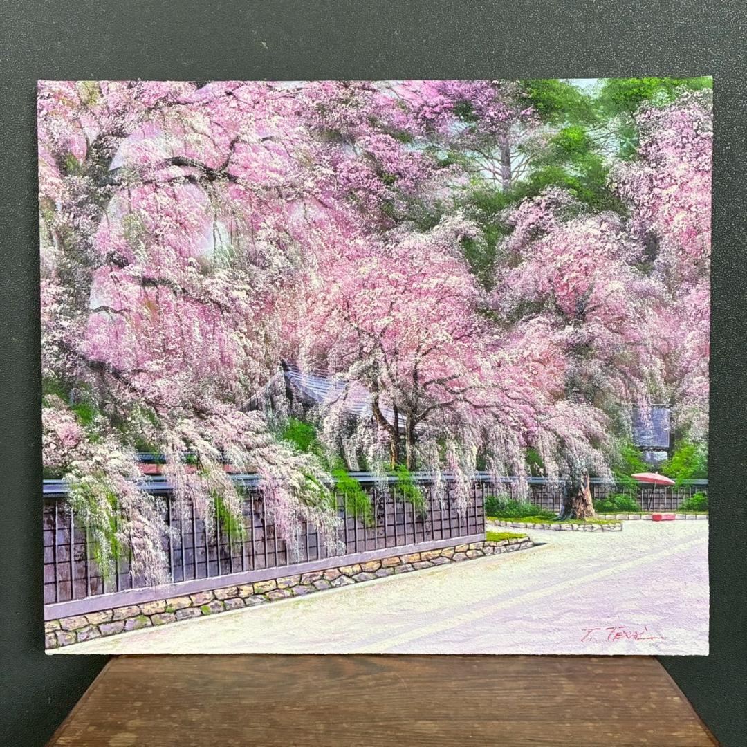 美品 寺井孝「角館の桜」キャンバスに油彩 10号 彩波会 二科展 枝垂れ桜 名品