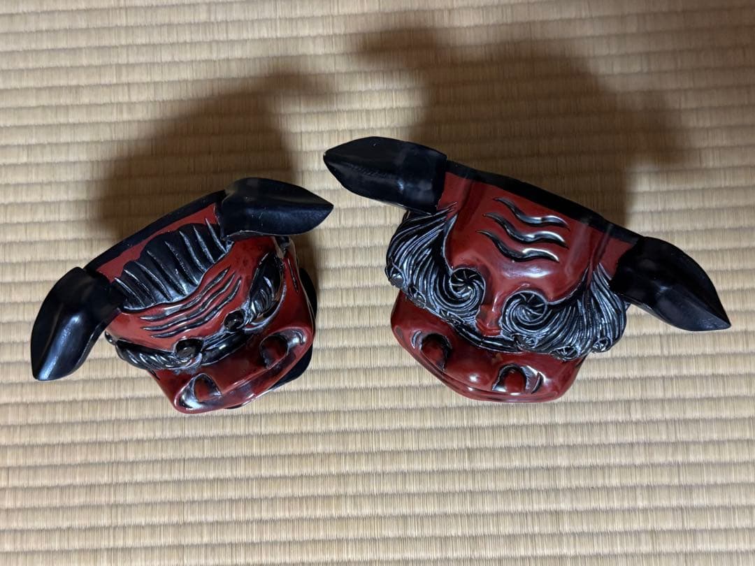 母のお茶道具の仲間たち　 レトロ 獅子頭 雄雌木彫 最大幅21〜25、高13cm