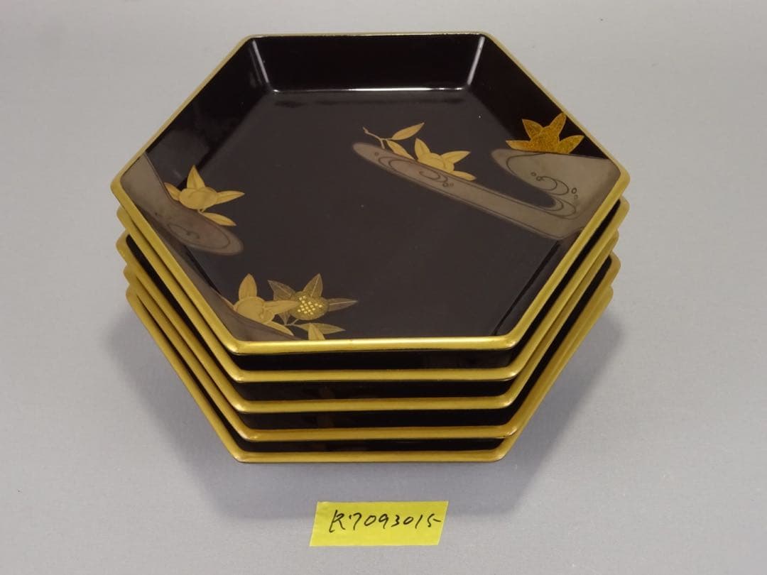 極上　輪島塗　雲に橘　蒔絵　六角　菓子皿　5客　菓子器　銘々皿　切金　木製漆器