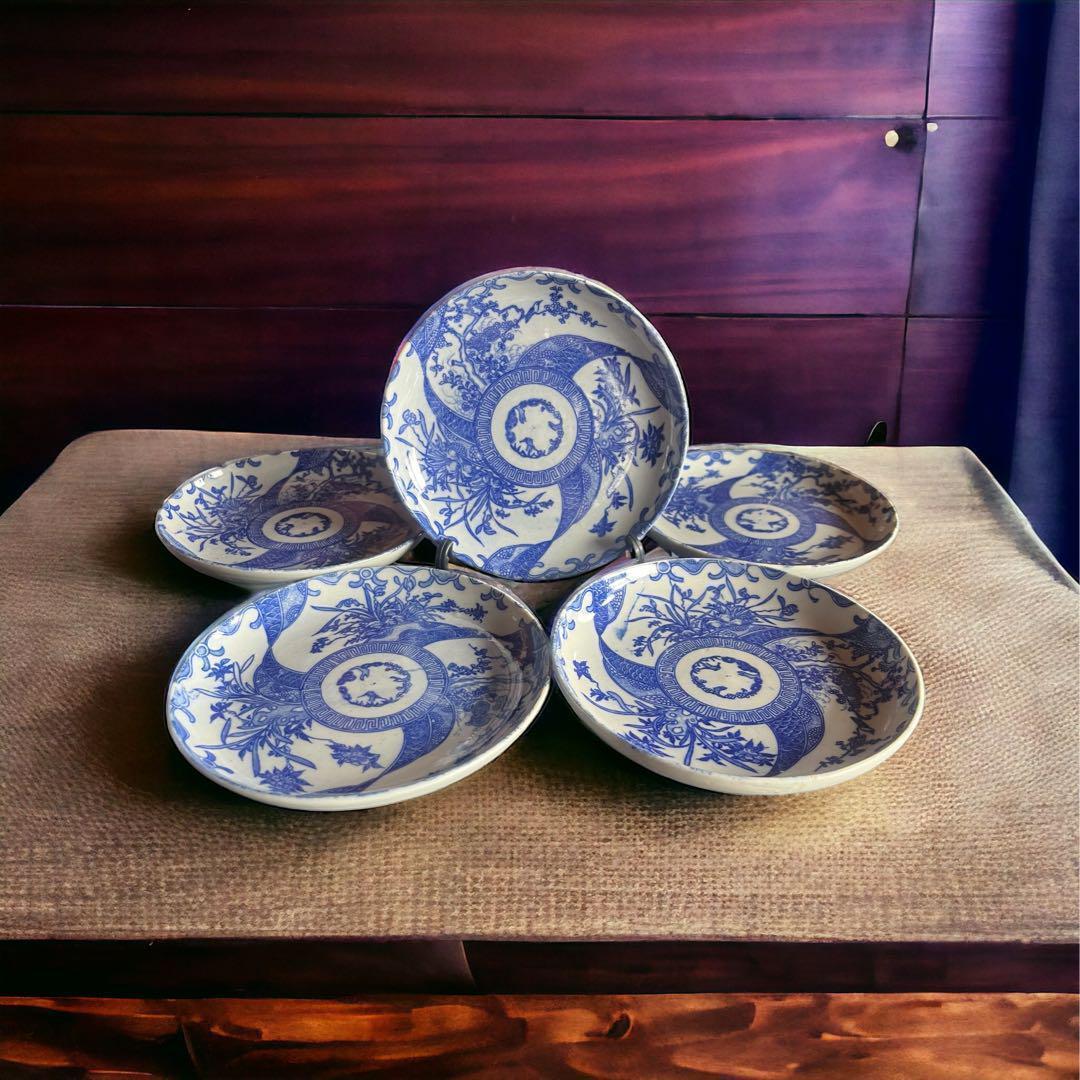 【骨董】古伊万里 小皿 明治期 藍色 ５枚 印判 アンティーク 陶磁器 染付け