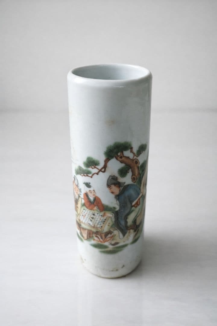 ●中国美術 人物文 陶磁 筆筒 朱印款 古陶磁 景徳鎮風 文人図古美術花器書道具