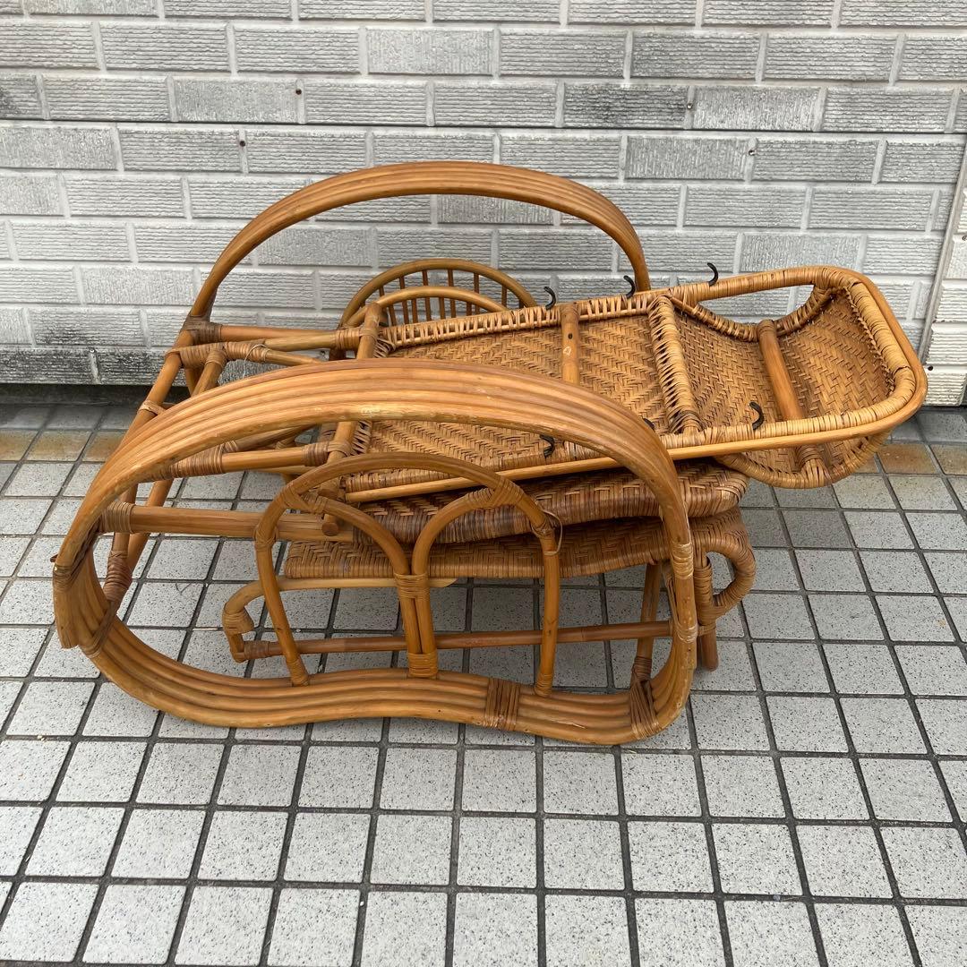 昭和レトロ ラタンリクライニングチェア オットマン付き 籐家具 1人掛けソファー