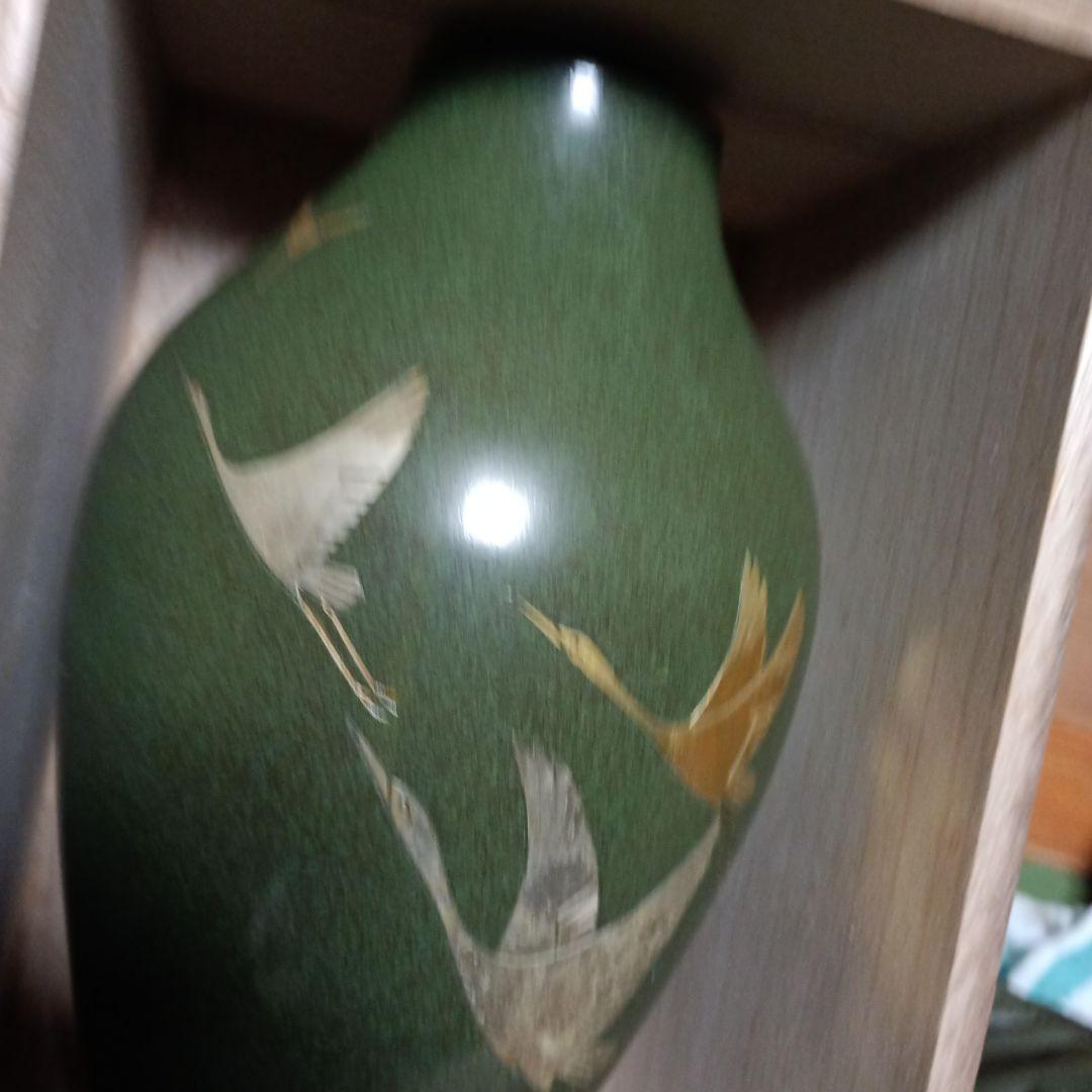 緑色の鶴模様の陶器花瓶 約29cm