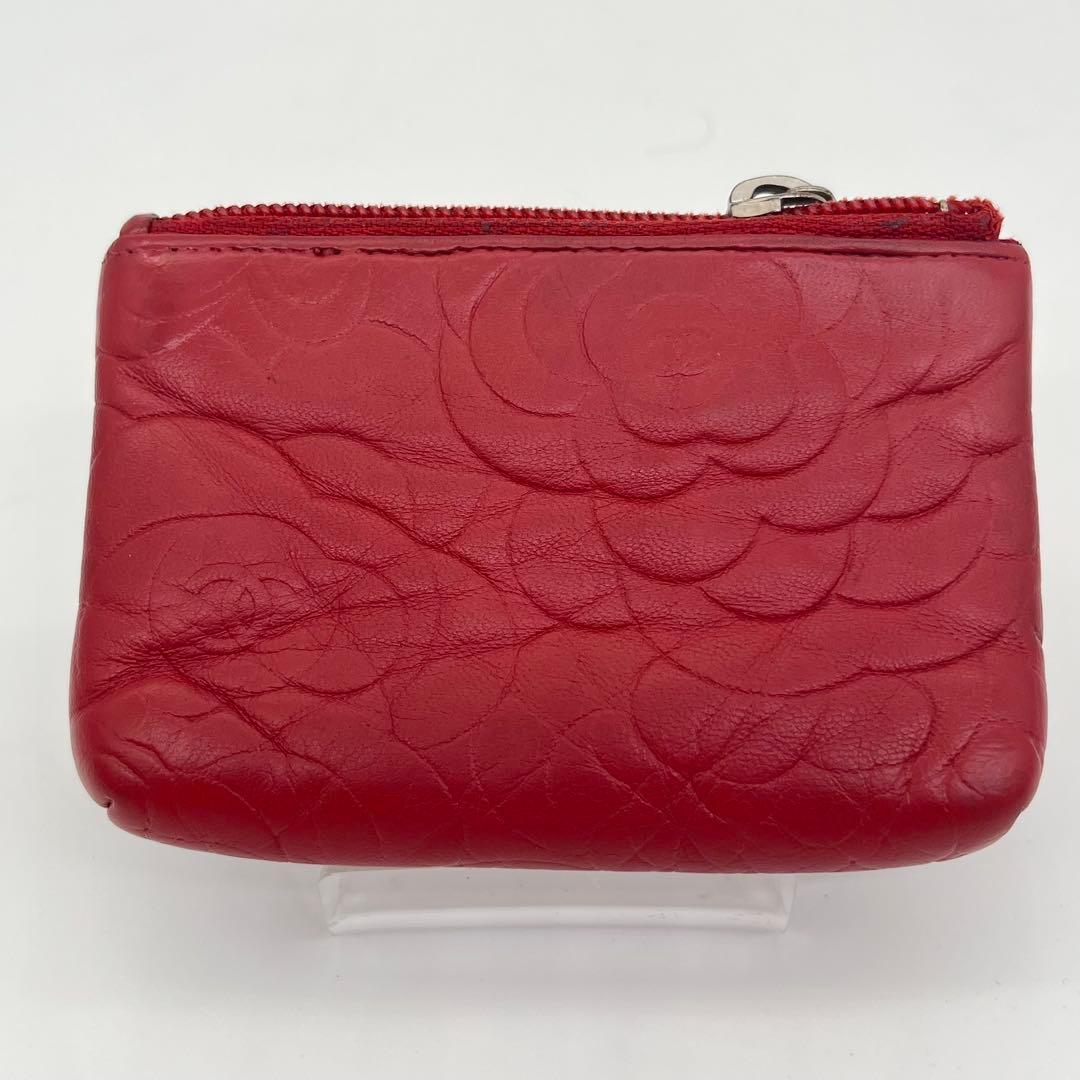CHANEL ケース 小銭入れ カメリア ココマーク ロゴ金具 赤 本革