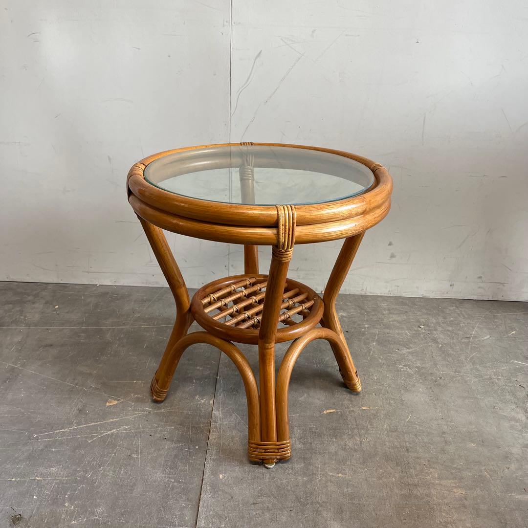 ヴィンテージ ラタン ガラス テーブル ラウンド レトロ 籐